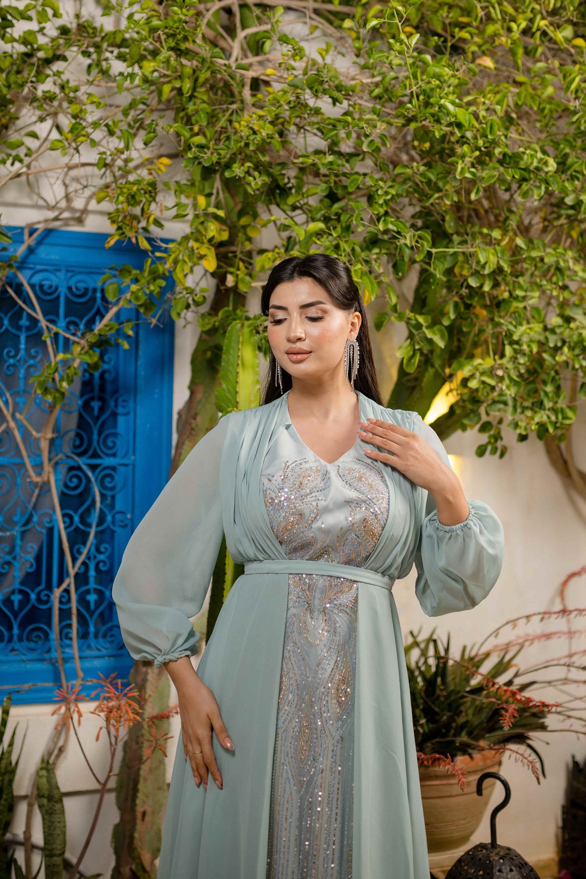 Robe Satin et Mousseline Bleu Turqouise