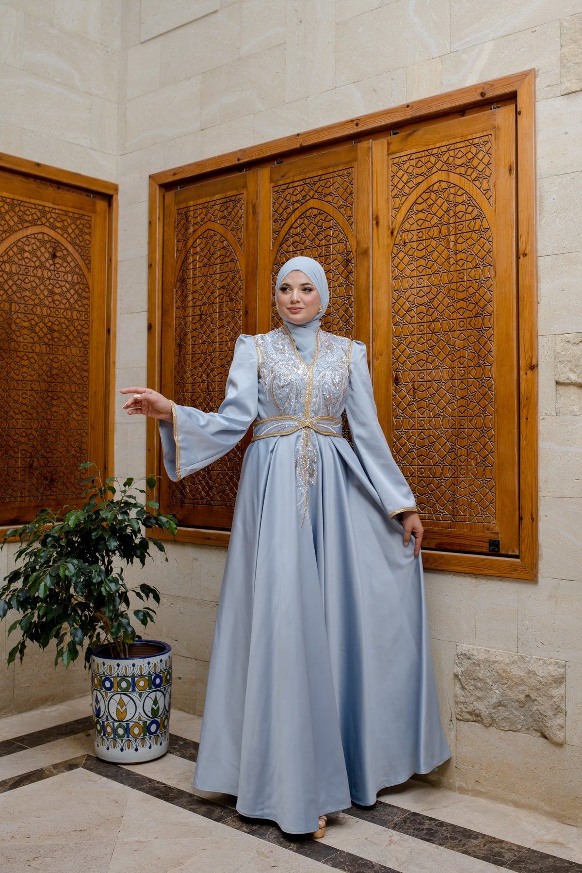 Caftan Satin Bleu turqouise
