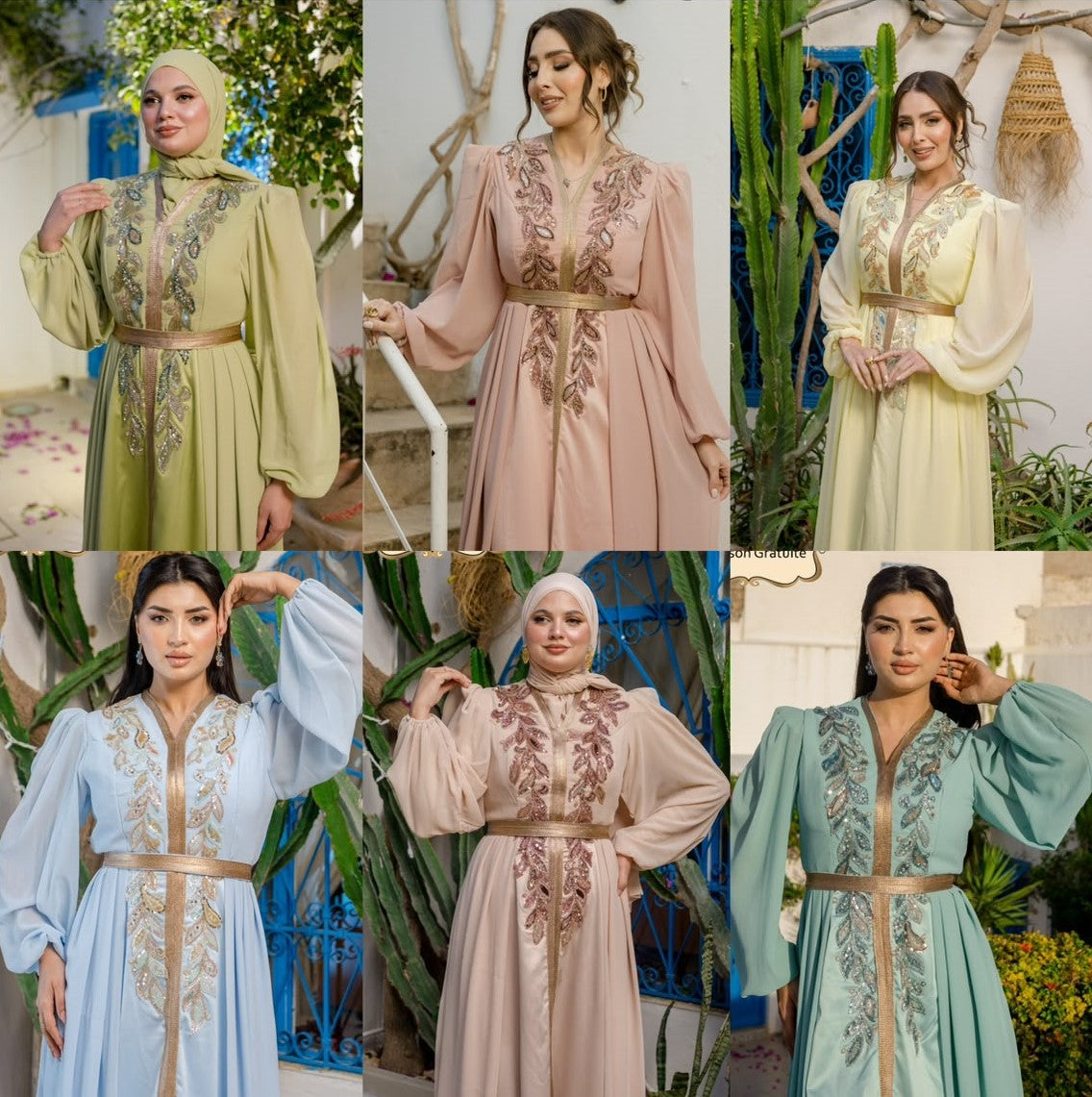 Caftan Satin et Mousline Beige