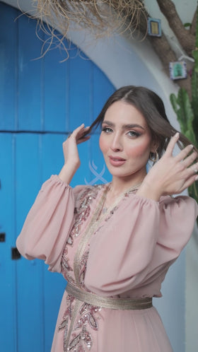 Caftan Satin et Mousline Rose Nude