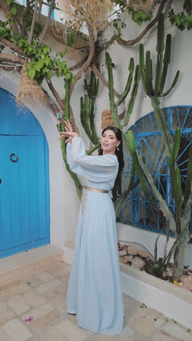Caftan Satin et Mousline Bleu ciel