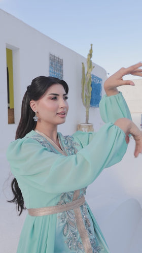 Caftan Satin et Mousseline Blue Turquoise